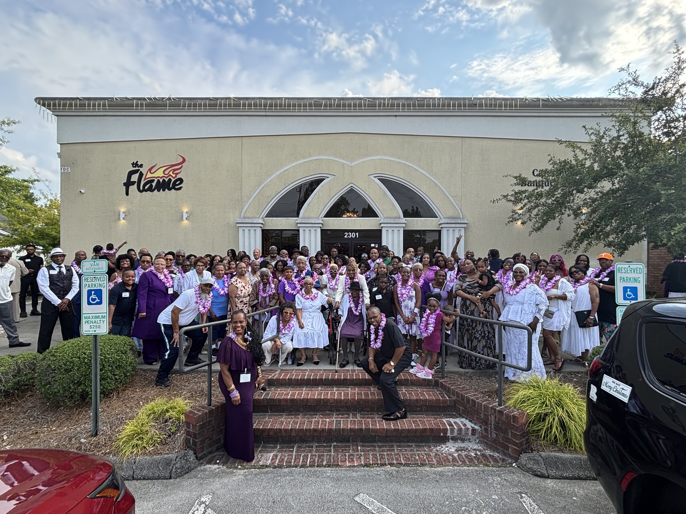 The Simmons family gathered outside The Flame in New Bern during the 2026 reunion